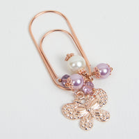 Rose Gold Butterfly Dangle Clip with Purple Pearls and Crystals