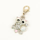 Pink and Silver Rhinestone owl charm with rhinestones and pearl