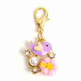 Purple Bird Charm with Pink heart shaped wing, ligth purple resin flower, rhinestones, acrylic pearl and light gold lobster claw clasp - stitch marker