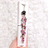 Paw Print and Bone Dog Themed Charm with Pink, Black and Gray Crystal Dangle