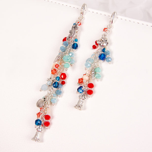 Wayfarer Lighthouse Dangle Charm with a Mix of Blue, Seafoam and Red Crystals - Available in Two Lengths