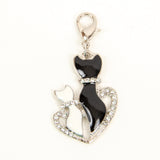 Elegant Cat Charm with Two Enamel Cats in Rhinestone Heart