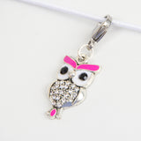 Pink Enamel Owl Charm with Rhinestones