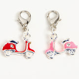 Enamel Moped Scooter Charm in Red or Pink with Rhinestone Accents
