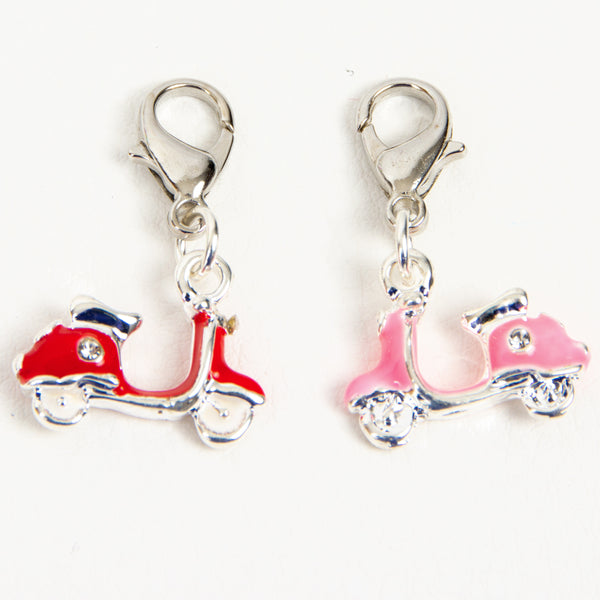 Enamel Moped Scooter Charm in Red or Pink with Rhinestone Accents