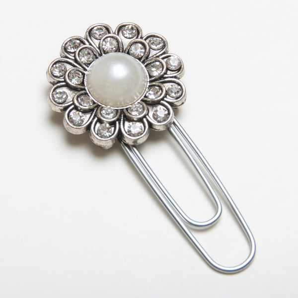 Silver Flower Planner Clip with Rhinestone and Pearl Accents