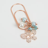 Rose Gold Butterfly Dangle Clip with Aqua Pearls and Crystals