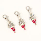 Bright Pink Enamel Ice Cream Cone Charm with Rhinestones and Silver base
