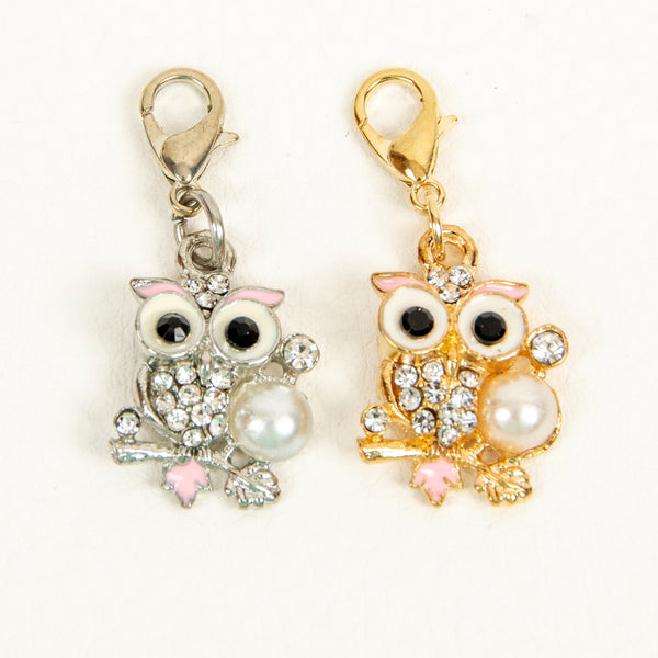 Rhinestone and Pearl Owl Charm with Pink Enamel - Stitch Marker - Zipper Pull
