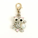 Pink Enamel Owl Charm or Stitch Marker with Rhinestones and Pearl