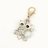 Pink and Silver Rhinestone owl charm with rhinestones and pearl 