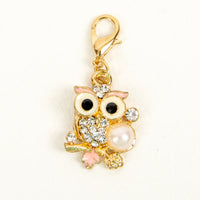 Pink and Gold Enamel Owl Stitch Marker charm with rhinestones and pearl accents.