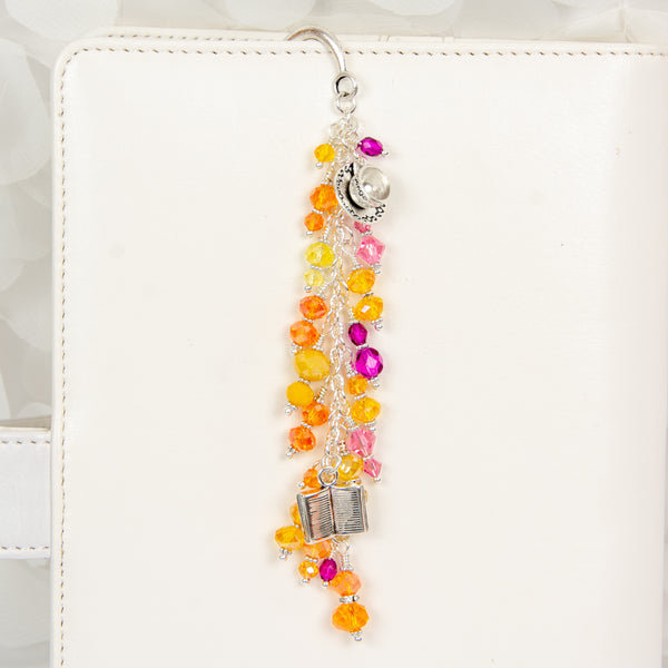 Coffee Cup and Book Charm with Orange, Yellow, Pink and Berry Crystal Dangle