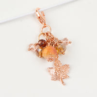 Rose Gold Leaf Dangle Clip or Charm with Umber and Gold toned Crystals