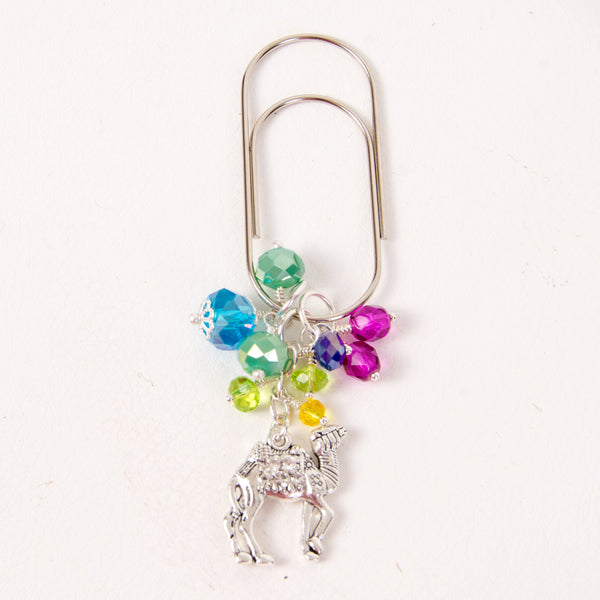 Rhinestone Camel Planner Clip or Charm with Blue, Green, Yellow and Magenta Crystals