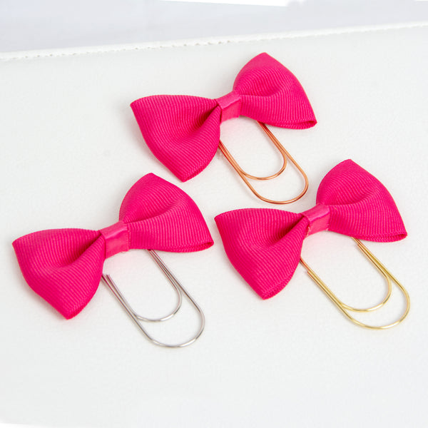 Bright Pink Grosgrain Ribbon Bow Planner Paper Clip in Silver, Gold or Rose Gold