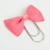 Coral Pink Ribbon Bow Bookmark with wide silver toned paper clip