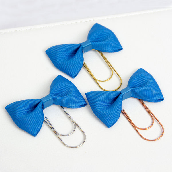 Blue Bow Planner Clip with Grosgrain ribbon and wide paper clips in silver, gold or rose gold