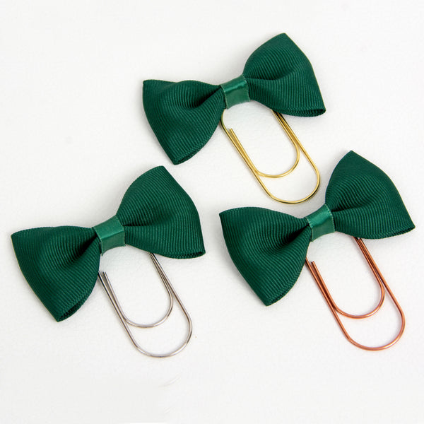 Forest Green Bow Planner Clip with Silver, Gold or Rose Gold wide paperclip