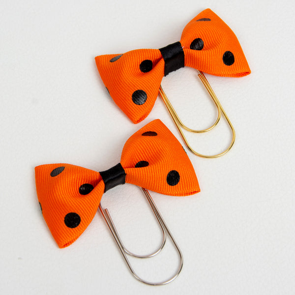 Halloween Bow Planner Clip Orange with Black dots on silver or gold wide paper clip