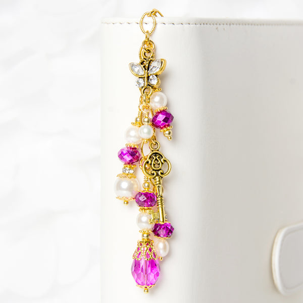 Bright Pink Planner Dangle Charm with Butterfly and gold key