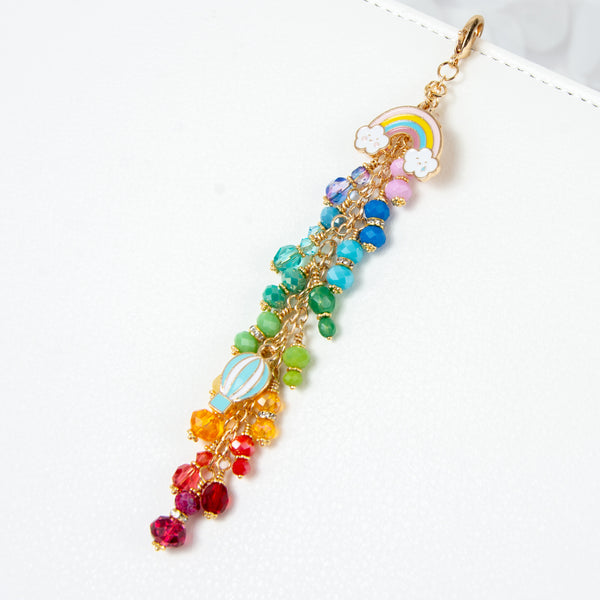 Rainbow and Hot Air Balloon Planner Charm with Rainbow Dangle and Gold Toned Hardware