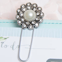 Silver Flower Planner Clip with Rhinestone and Pearl Accents