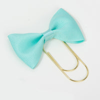 aquamarine blue or mint bow planner clip with wide gold paperclip