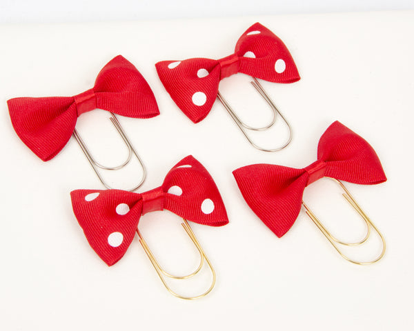 Red Bow Paperclips Solid and White Dotted with silver or gold wide paperclips