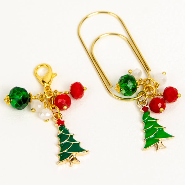 Enamel Christmas Tree Dangle Clip and Charm with red, green and white bead