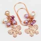 Rose Gold Butterfly Dangle Clip and Charm with Purple Pearls and Crystals
