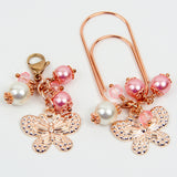 Rose Gold Butterfly Dangle Clip and Charm with Pink Pearls and Crystals
