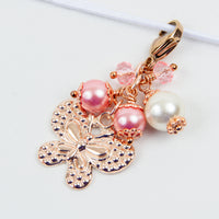 Rose Gold Butterfly Charm with Pink Pearls and Crystals - Stitch Marker