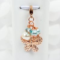 Rose Gold Butterfly Charm with Aqua Pearls and Crystals - Stitch Marker