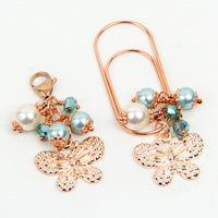 Rose Gold Butterfly Planner Clip and Charm with Aqua Pearls and Crystals