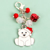 Polar Bear with Santa hat lobster clasp charm with red and white crystals