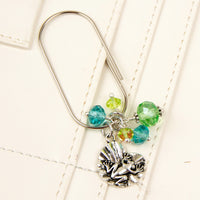 Frog and Lilypad wide dangle clip with bue and green crystals