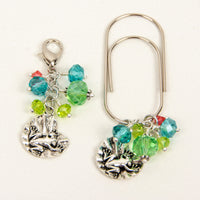 Frog and Lilypad Dangle Clip and Charm with blue, green and coral crystals