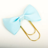 Light blue grosgrain bow clip with wide gold paperclip