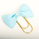 Light blue grosgrain bow clip with wide gold paperclip