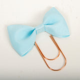 Light blue grosgrain bow planner clip with rose gold wide paperclip