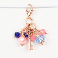 Blush and Navy Rose Gold Key Dangle Clip or Charm with Pink and Dark Blue Crystals