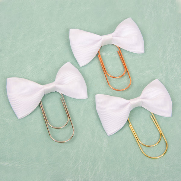 White grosgrain bow paperclip in silver gold or rosegold