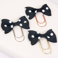 Black and White polka dotted bow paperclip with silver gold and rose gold wide paperclips