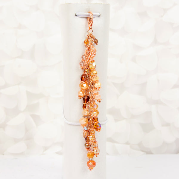 Umber and Gold Dangle Charm with Warm-toned Crystal Dangle and Filigree Leaf Charm with Rose Gold, Gold or Silver Toned Hardware