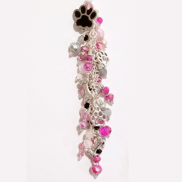 Dog Themed Dangle Planner Charm with Paw Print, and Bone Charms and Pink, Gray Black Crystals