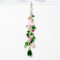 Pink enamel Christmas Stocking Charm with Green, Pink  Crystals and Shell Pearls
