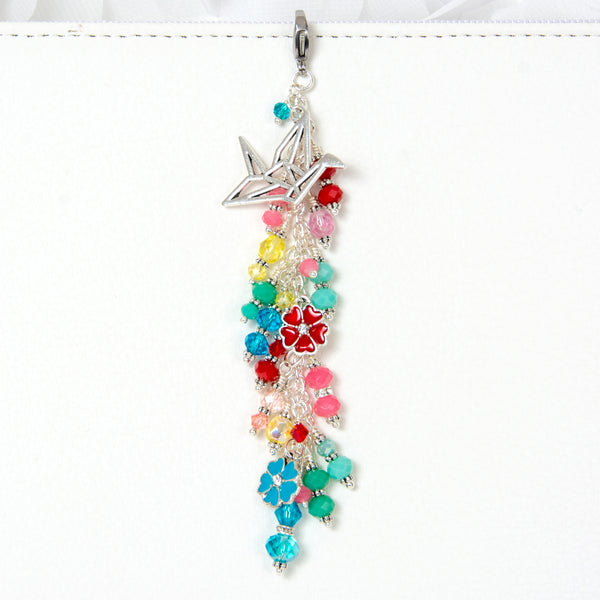 Paper Crane and Blossom Charm with Blue, Aqua, Green, Yellow, Coral Pink and Red Crystal Dangle