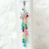 Traveler's Notebook Style Paper Crane Charm with blue, green yellow, coral pink and red crystal dangle