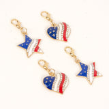 Patriotic Rhinestone Star and Heart Charms with Gold Hardware